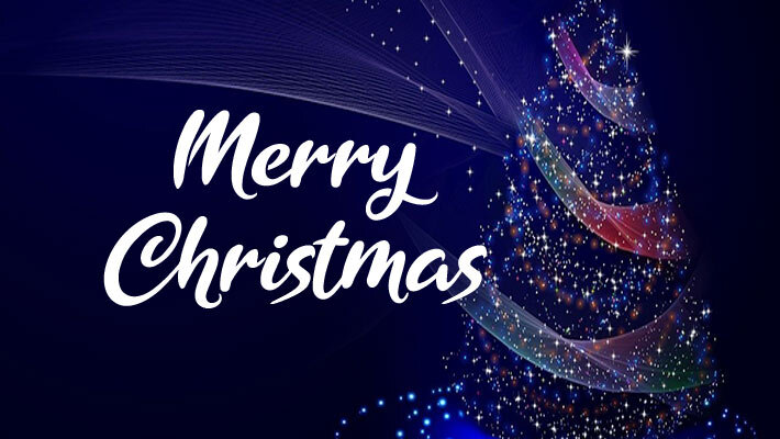 Digital dots and swirls make a Christmas tree with the text Merry Christmas.